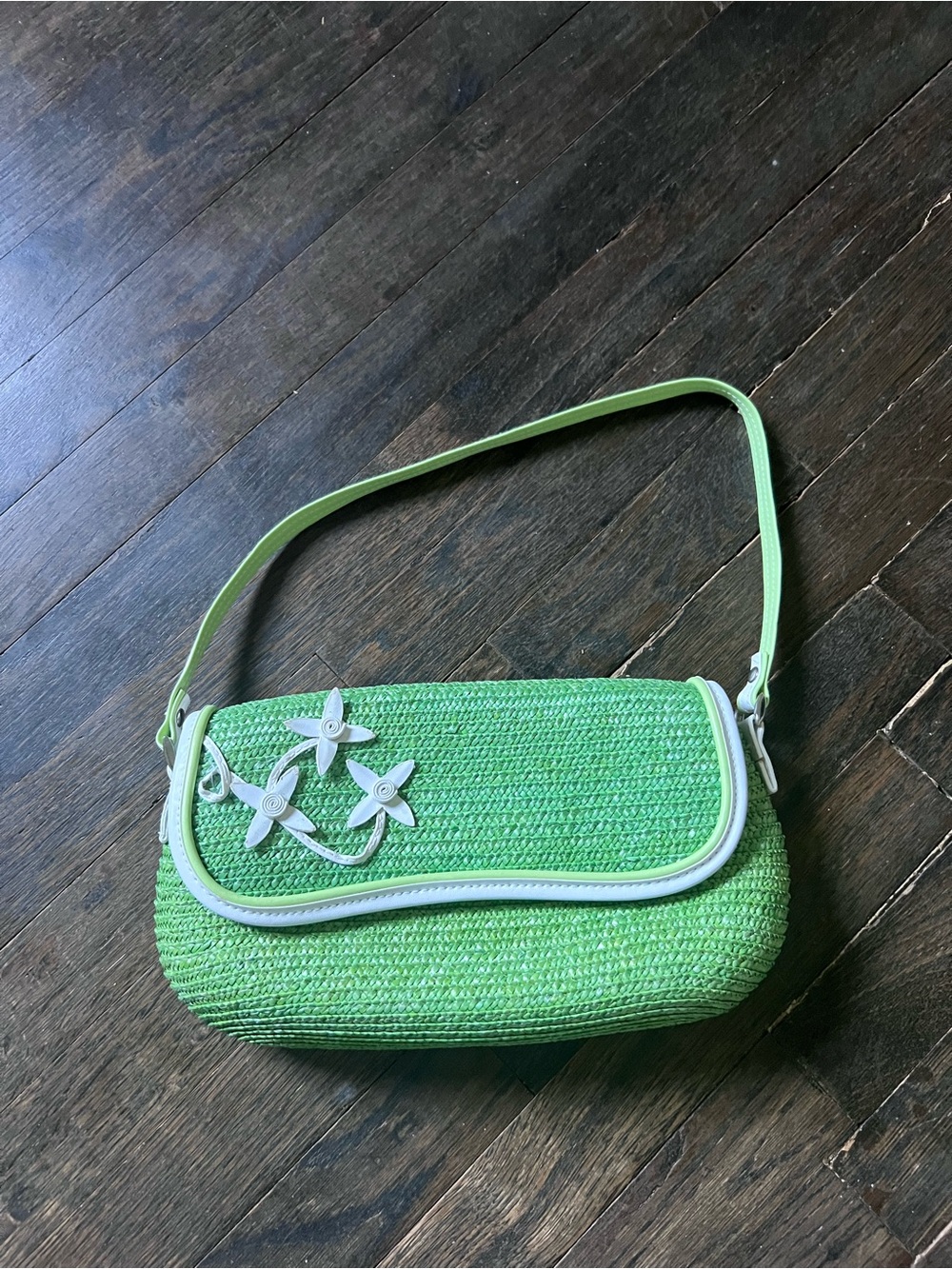 Green Straw Shoulder Bag with Flower Accents